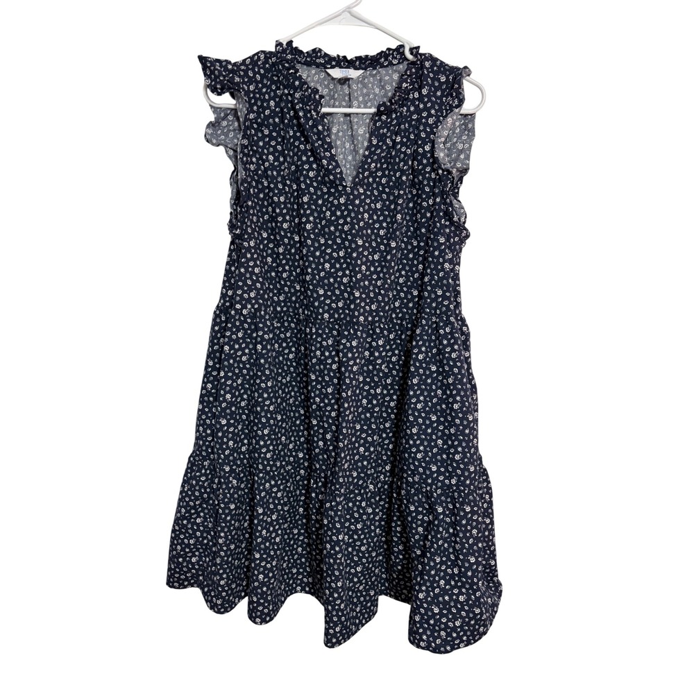Time and Tru Tiered Dress Floral Navy Ruffle V-Neck Cotton Pockets Large 12-14